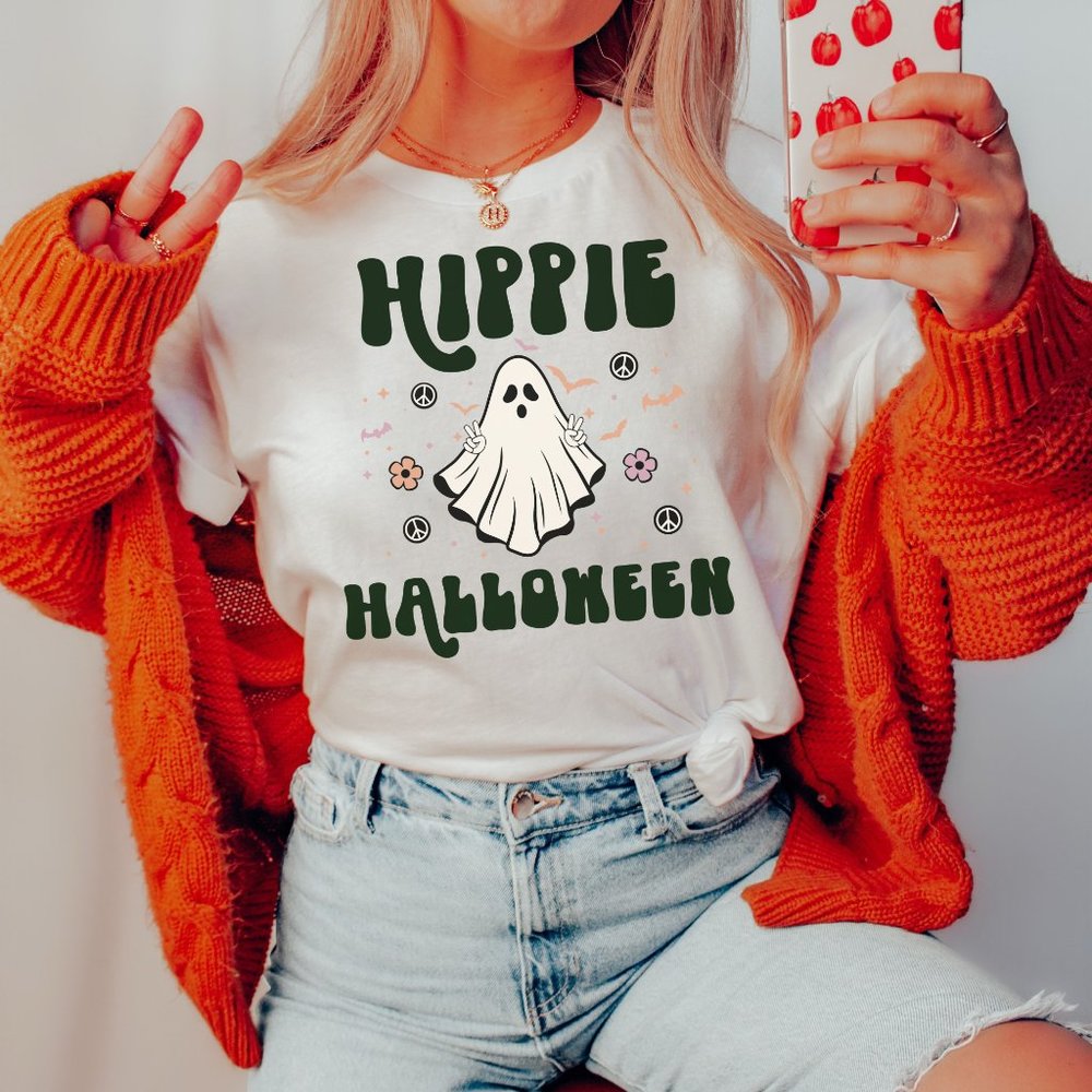 Hippie Halloween Graphic T-shirt Halloween Shirt, Fall Shirt - White